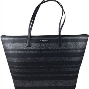 Kate Spade Black & Silver Glitter Stripe Faux Leather Haven Lane Hani Small Tote